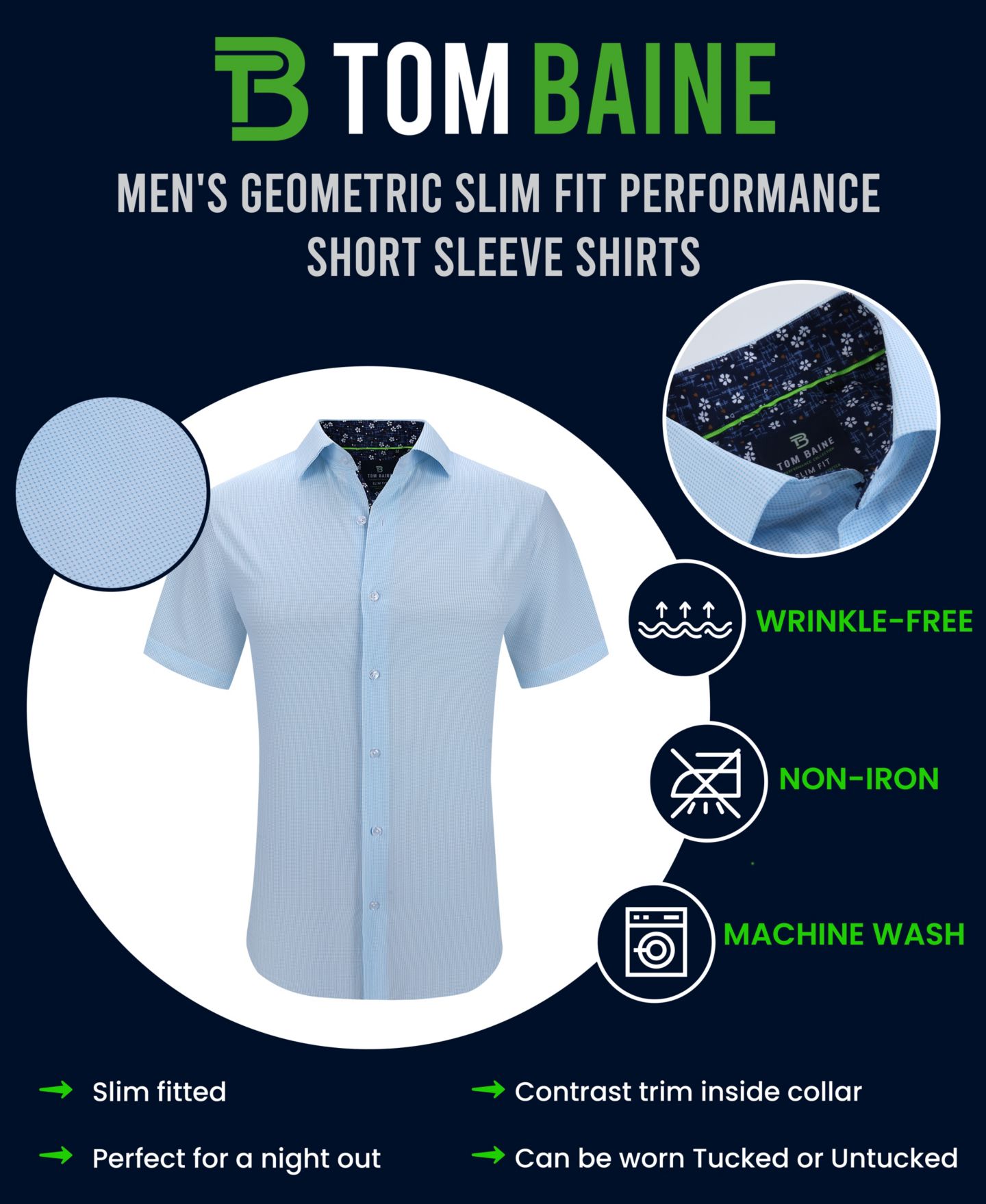 Мужская рубашка Tom Baine Slim Fit Short Sleeve Performance Stretch Button Down Dress Shirt, цвет: Чёрный — фото 3