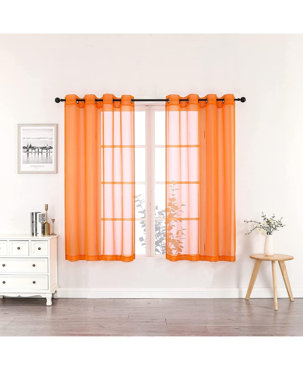 Basics Bright Orange 2 Piece Grommet Top Translucent Sheer Voile Window Curtain Panels - 63 in. Long - Orange