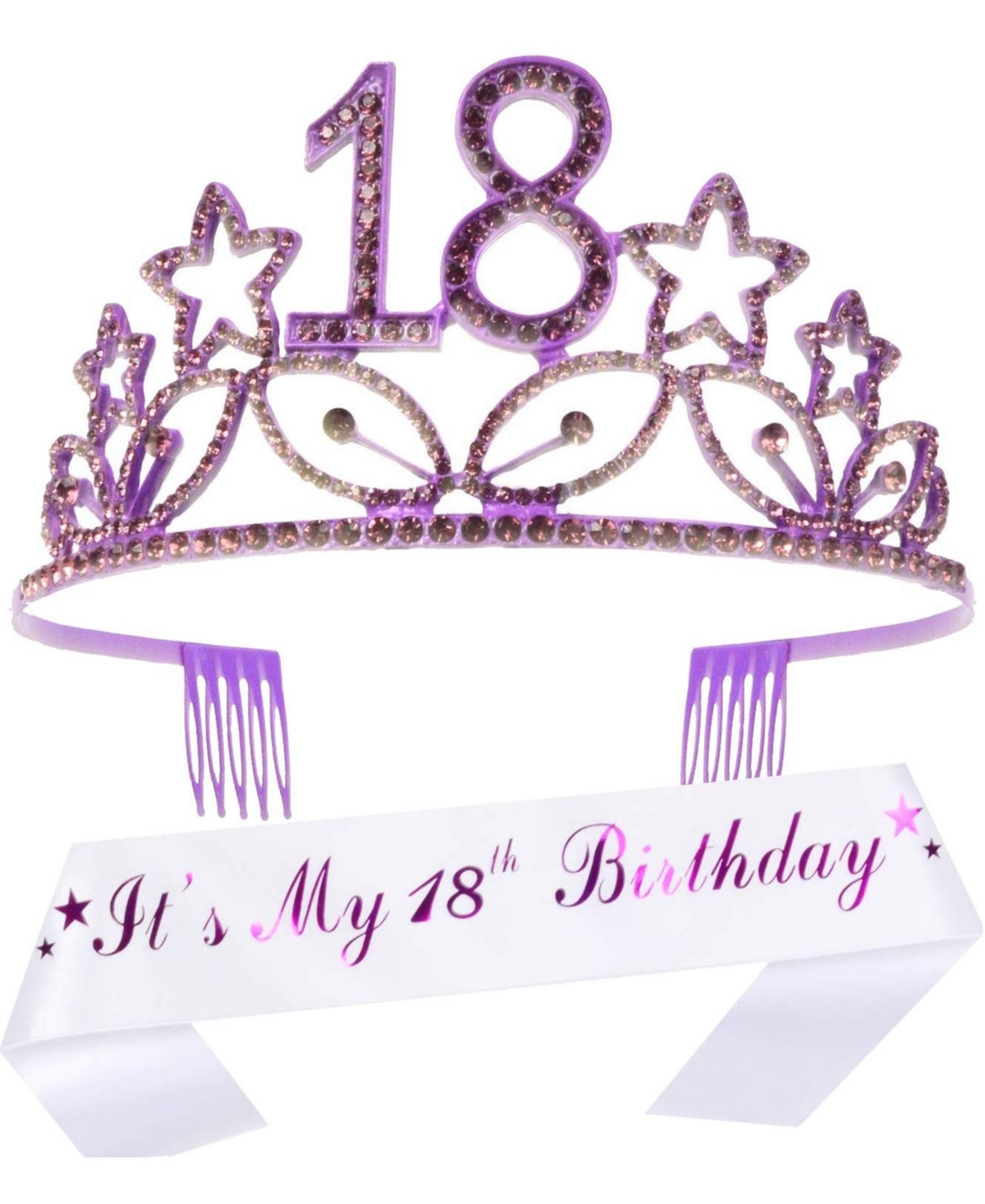 18th Birthday Sash and Tiara for Women - Fabulous Set: Glitter Sash + Stars Rhinestone Premium Metal Tiara, 18th Birthday Gifts for Women P