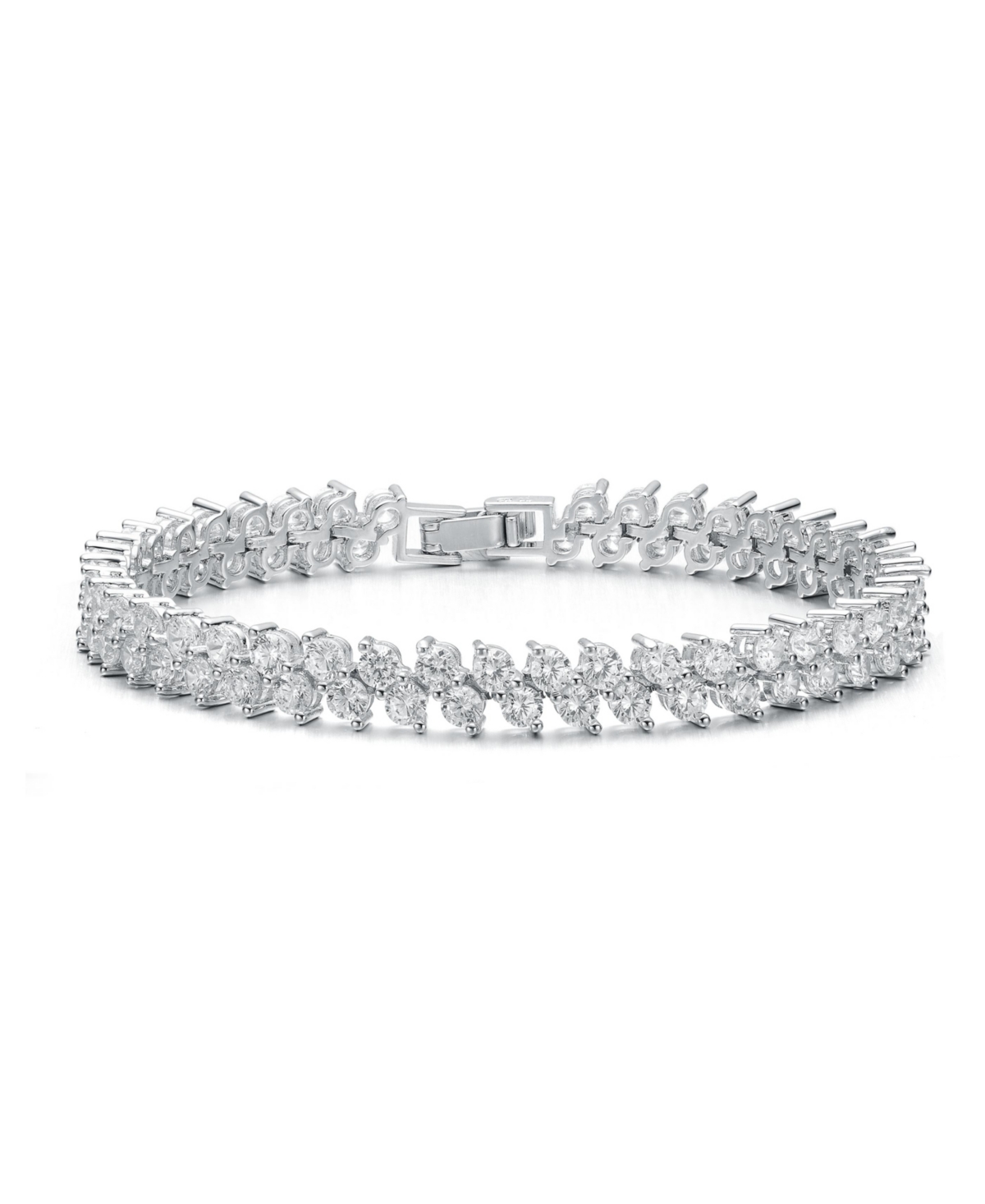 Genevive Gv White Gold Plated With Diamond Cubic Zirconia 2-stone Cluster Link Tennis Bracelet
