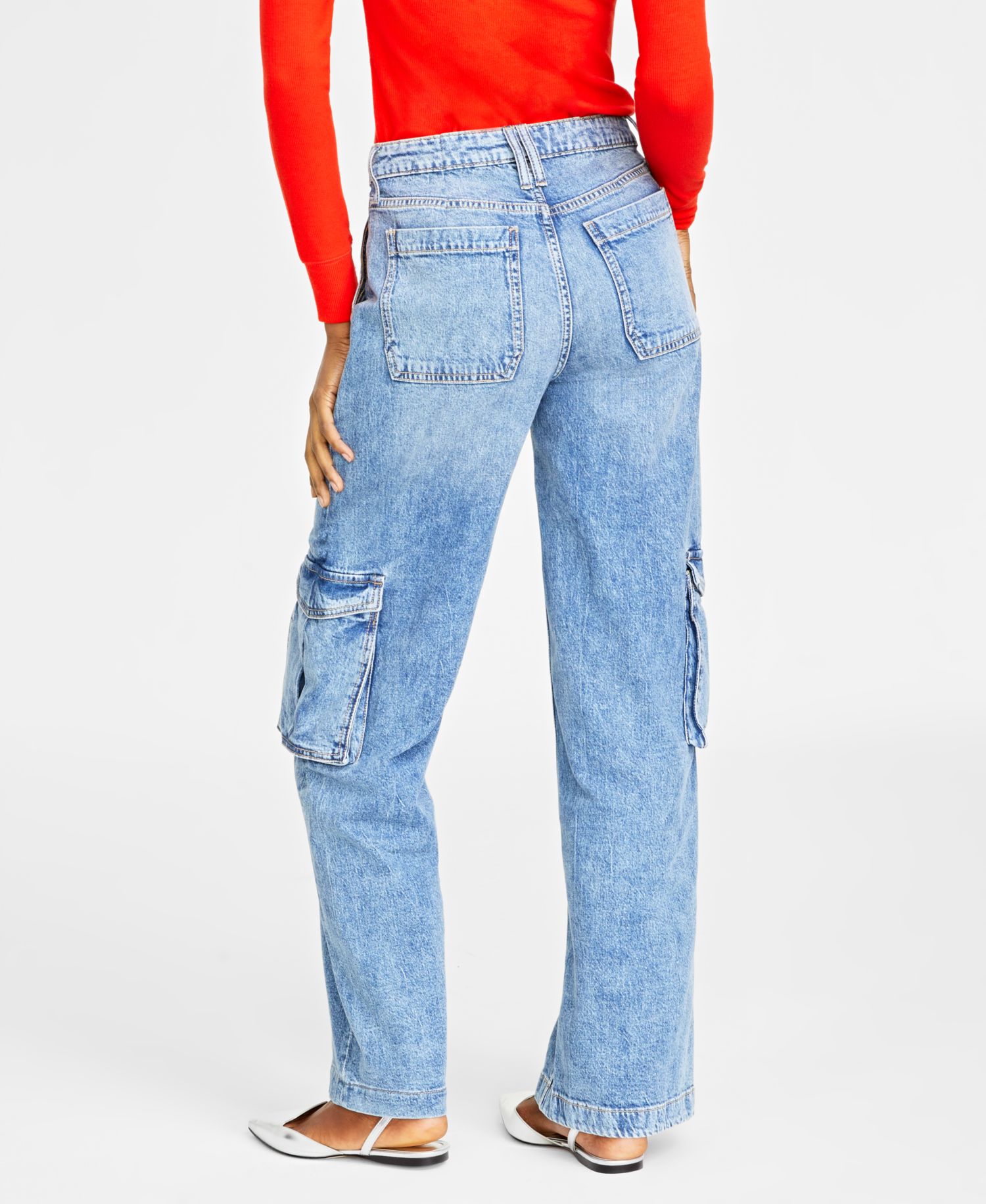 Women's Light Wash High Rise Utility Cargo Jeans
