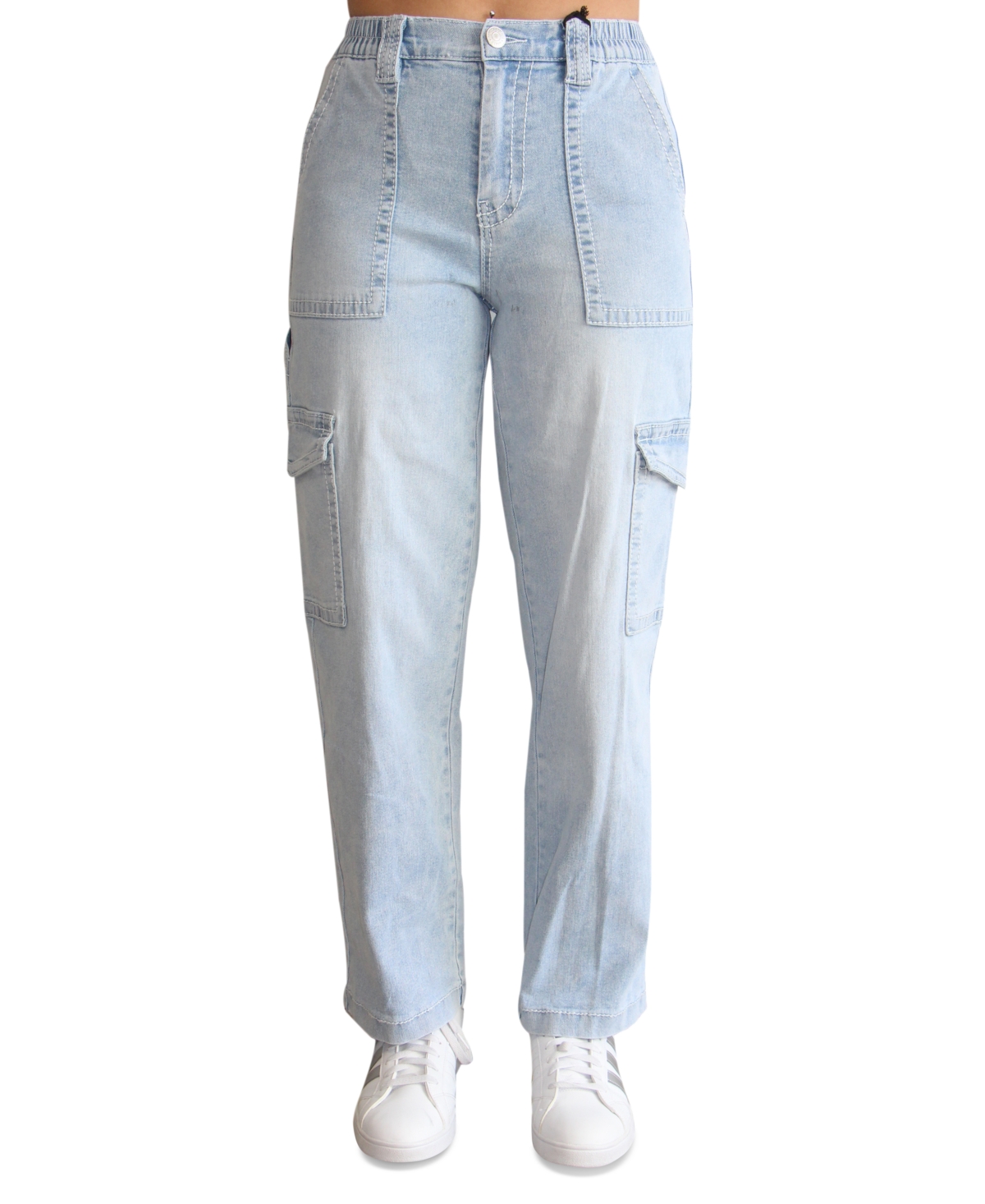 Shop Almost Famous Crave Fame Juniors' High-rise Heavy Stitch Cargo Jeans In Light Wash
