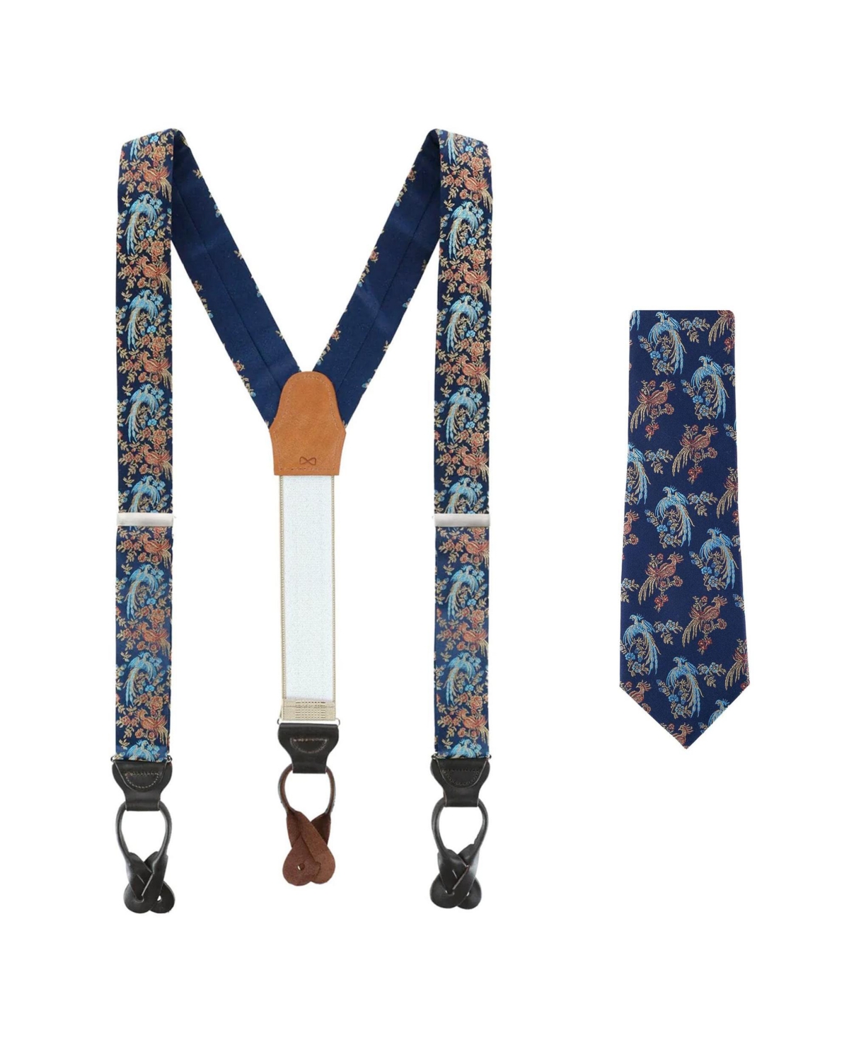 Men's Birds of Prosperity Silk Button End Suspenders and Necktie Set - Navy