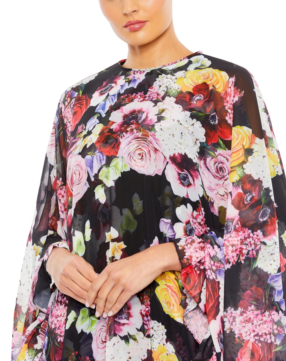 Mac Duggal Women's Ieena Floral Print High Neck Ruffle Hem Cape Mini Dress