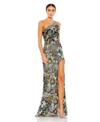 open lace back dress One Shoulder Long Sleeve Floral Embellished Gown main image 1