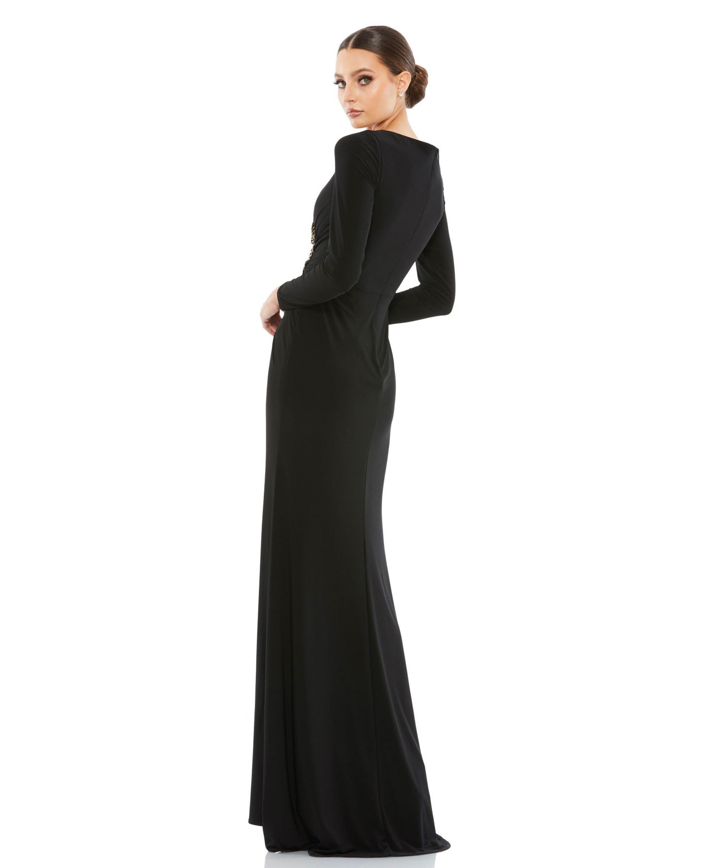 Женские платья Mac Duggal Faux Wrap Long Sleeve Evening Gown with Appliqué Detail, цвет: Чёрный — фото 2