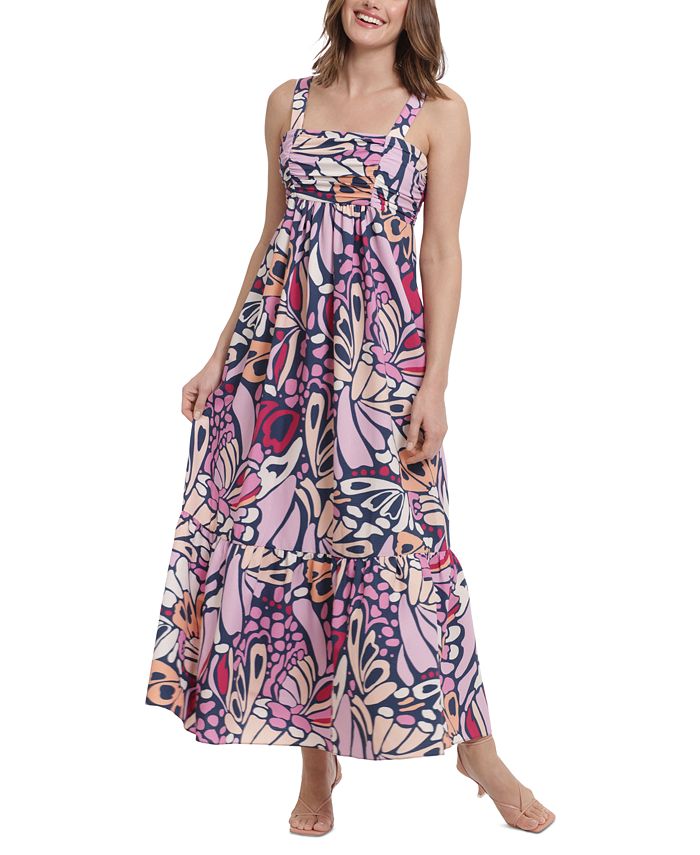 London Times Women's Printed Ruched Tiered Maxi Dress - Macy's