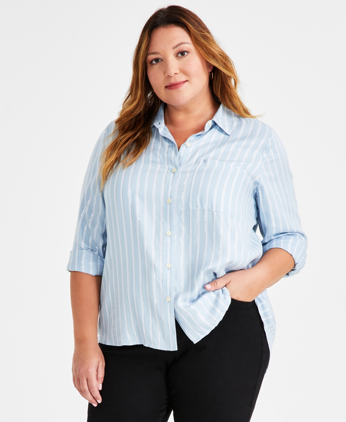 Style & Co Plus Size Perfect Shine Shirt, Created For Macy's In Sparky Blue