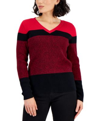 Karen Scott Petite Elsa Cotton V-Neck Colorblocked Sweater