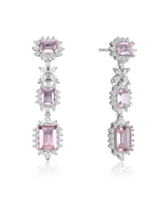Sterling Silver with White Gold Plated  with Colored Cubic Zirconia Halo Three-Tier Earrings