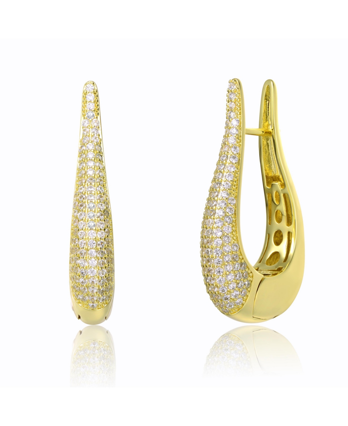 14k Yellow Gold Plated with Cubic Zirconia Oblong Oval Raindrop Hoop Earrings - Gold