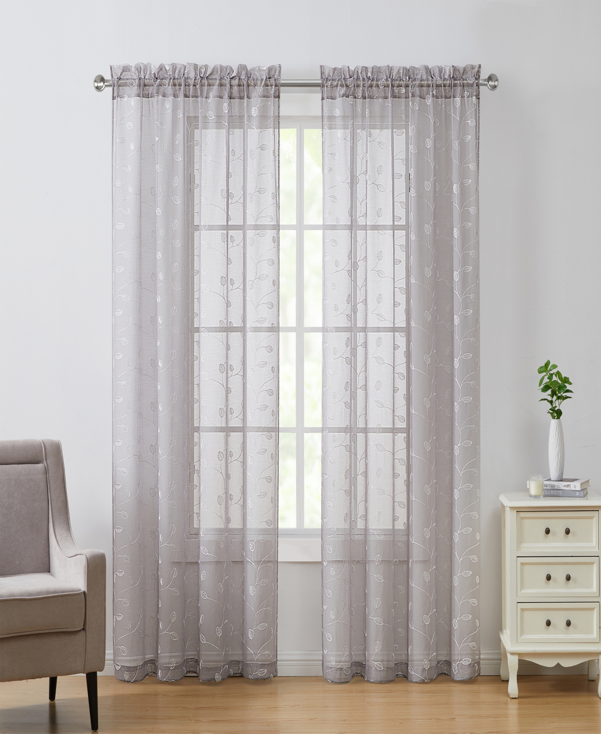 Vcny Home Eva Leaf Metallic Embroidered Sheer 2-piece Curtain Panel Set, 108" X 96" In Gray White