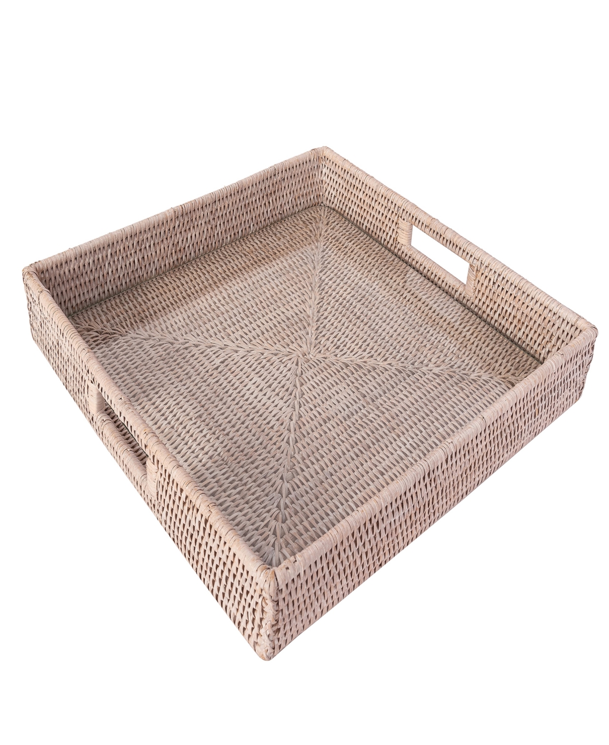 Artifacts Trading Company Artifacts Rattan Square Serving Ottoman Tray With Glass Insert In White Wash