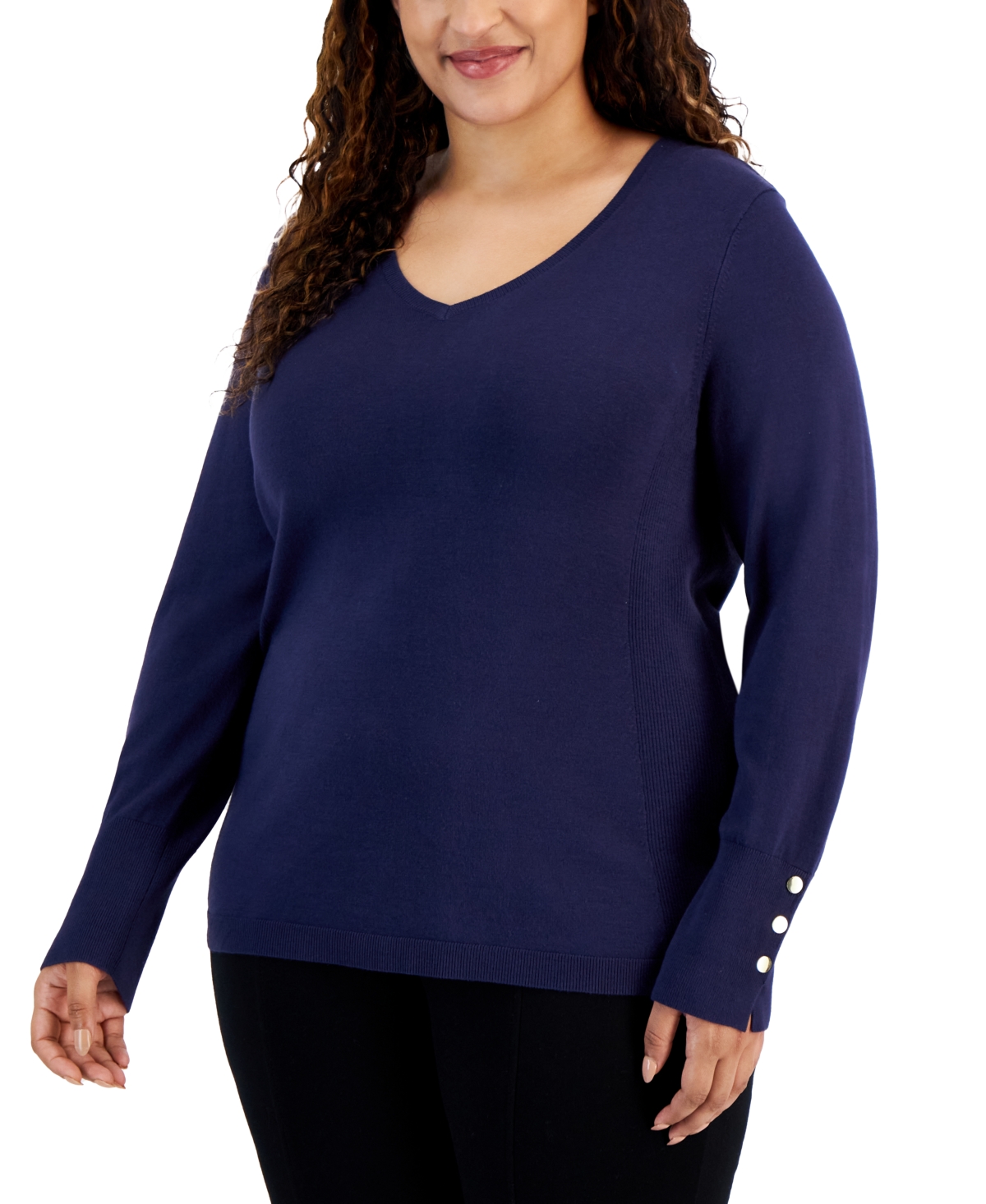 Jm Collection Plus Size Buttoned-cuff Sweater, Created For Macy's In Intrepid Blue