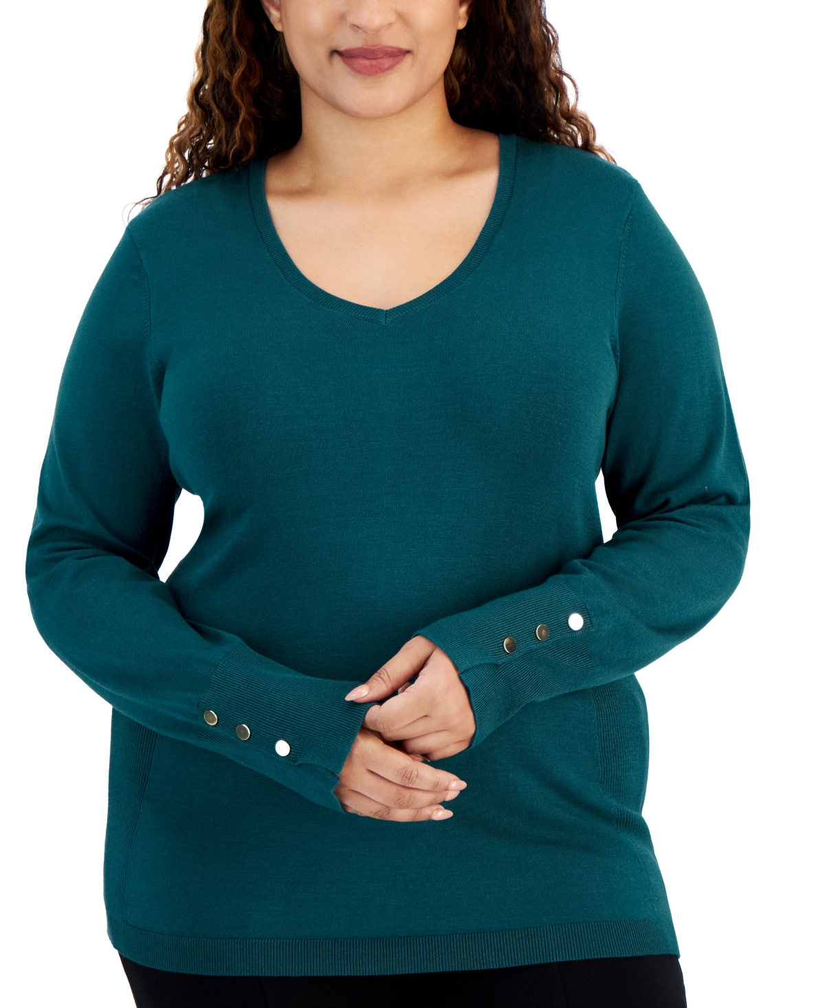 Jm Collection Plus Size Buttoned-cuff Sweater, Created For Macy's In Teal Evergreen