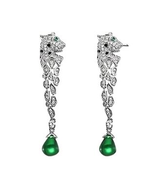 Sterling Silver White Gold Plated with Green and Clear Cubic Zirconia Fauna Drop Earrings