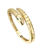 Rachel Glauber 14k Gold Plated with Emerald Cubic Zirconia Textured Coiled Serpent Bypass Bangle Bracelet - Gold