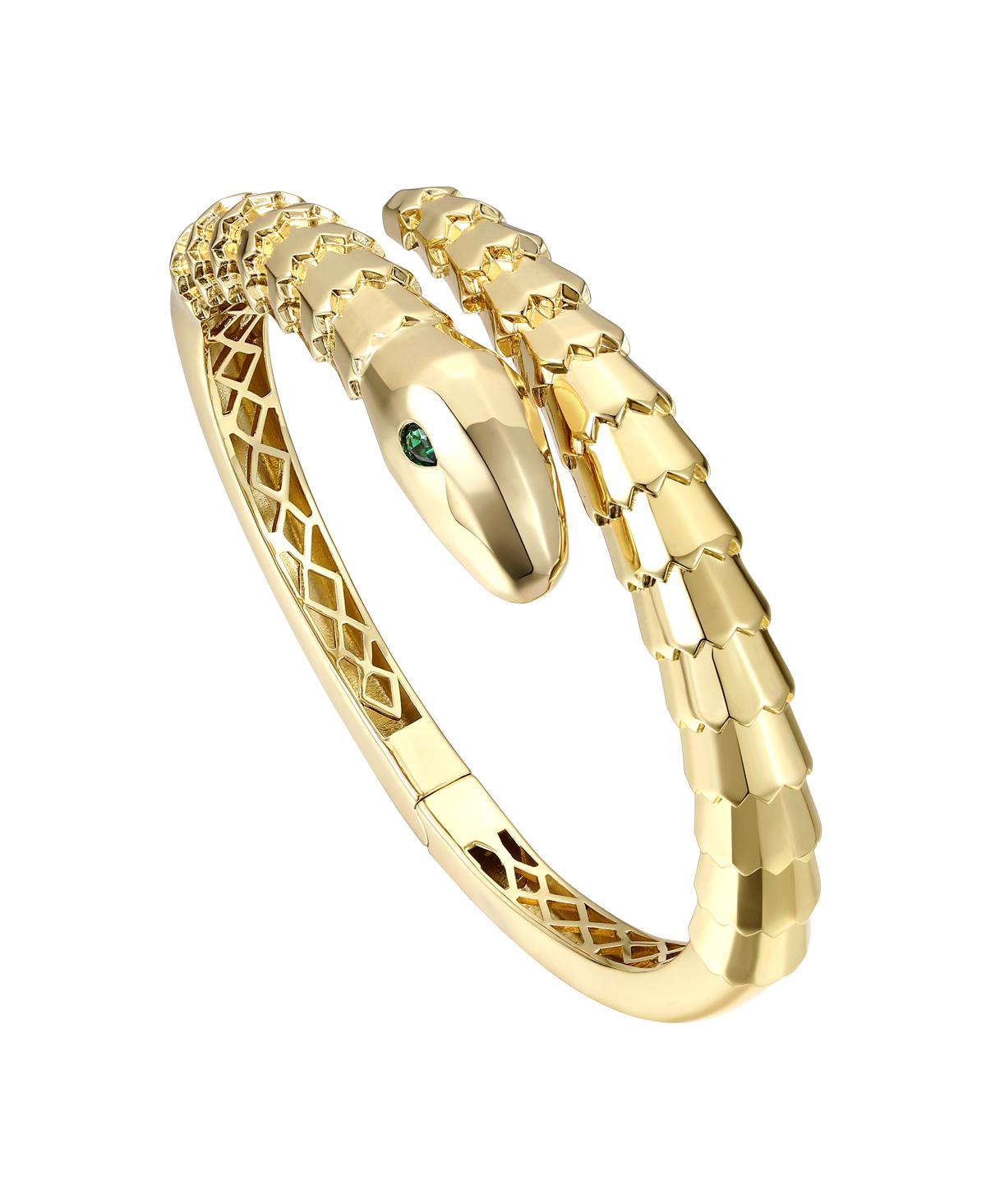 RACHEL GLAUBER 14K GOLD PLATED WITH EMERALD CUBIC ZIRCONIA TEXTURED COILED SERPENT BYPASS BANGLE BRACELET