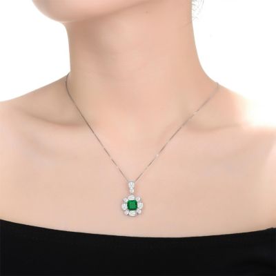 White Gold Plated Green and White Cubic Zirconia Accent Pendant Necklace