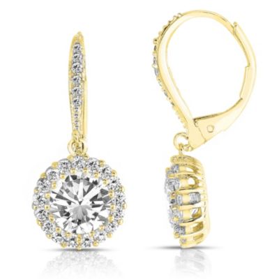 Brilliant Sterling Silver Round CZ Haloed Solitaire Drop Earrings