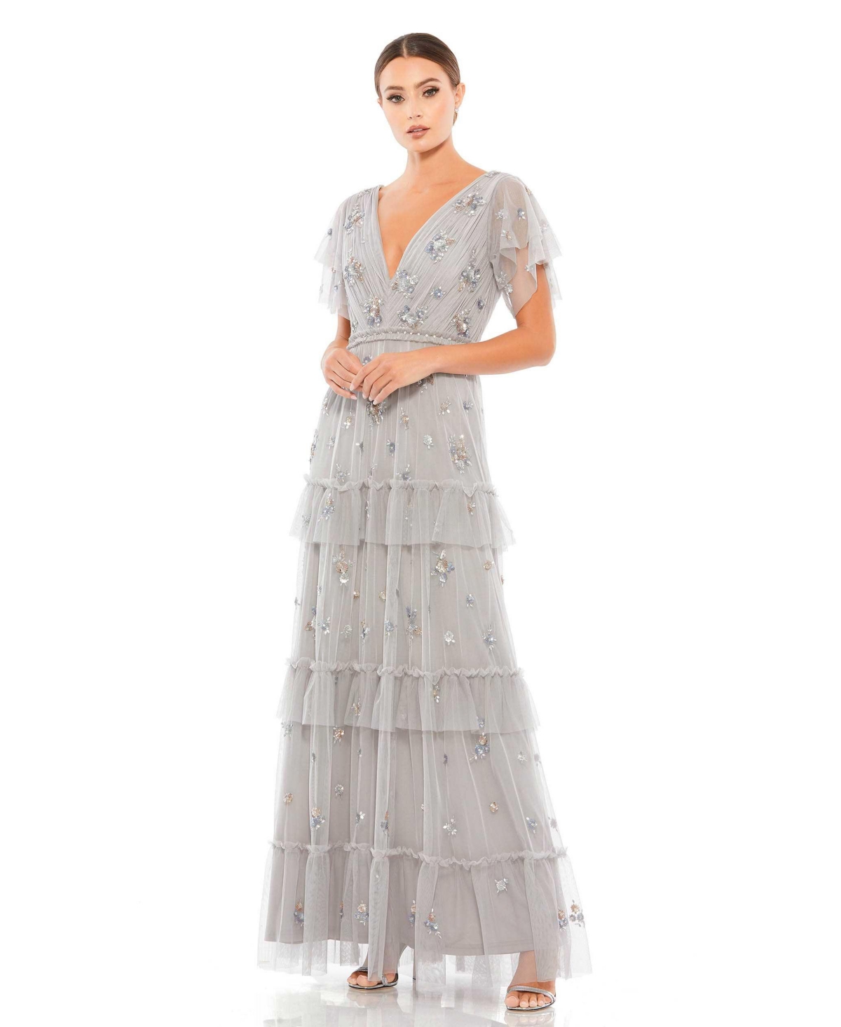 1920s Evening Dresses & Formal Gowns Womens Ruffle Tiered Embellished Flutter Sleeve Gown - Platinum $598.00 AT vintagedancer.com