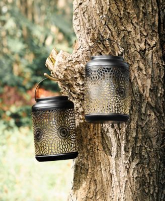 8.75" H Metal Cutout Solar Powered Outdoor Hanging Lantern with Edison Bulb, Set of 2 DNU
