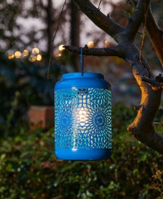 8.75" H Metal Cutout Solar Powered Outdoor Hanging Lantern with Edison Bulb, Set of 2