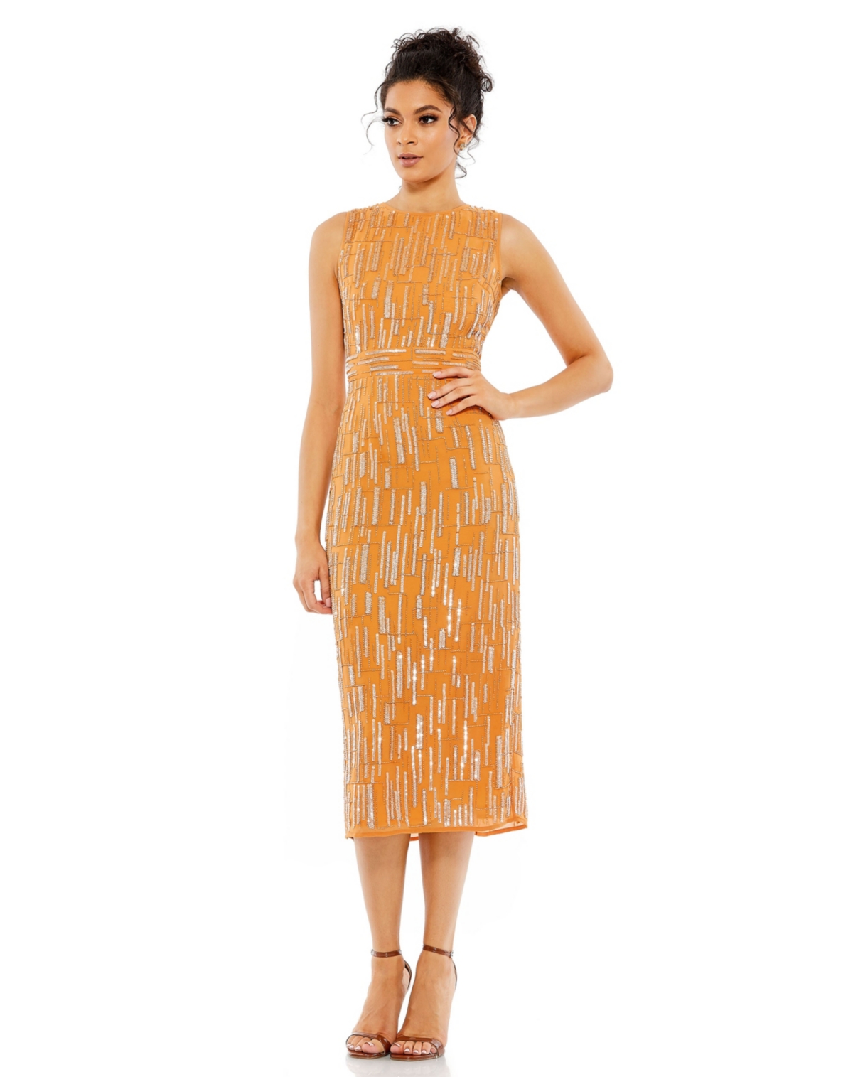 Mac Duggal Women's Abstract Beaded Sleeveless Midi Dress In Saffron