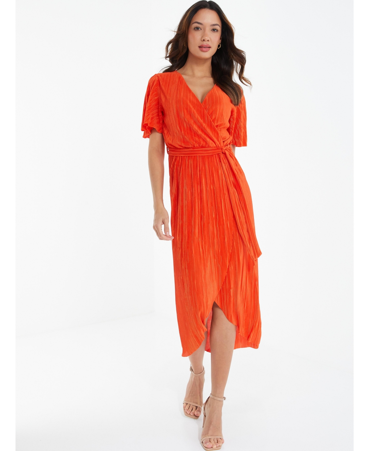 Women's Plisse Wrap Midi Dress - Orange