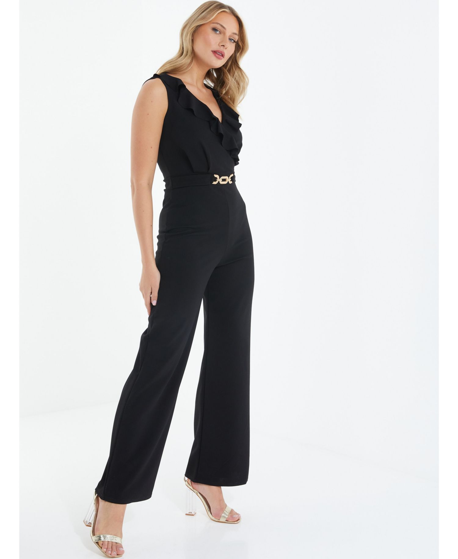 Women's Scuba Crepe Frill Buckle Dress - Black