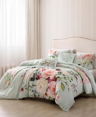 Rose on Misty Green 200 TC Cotton Sateen, Reversible 5 Pc. Comforter Set