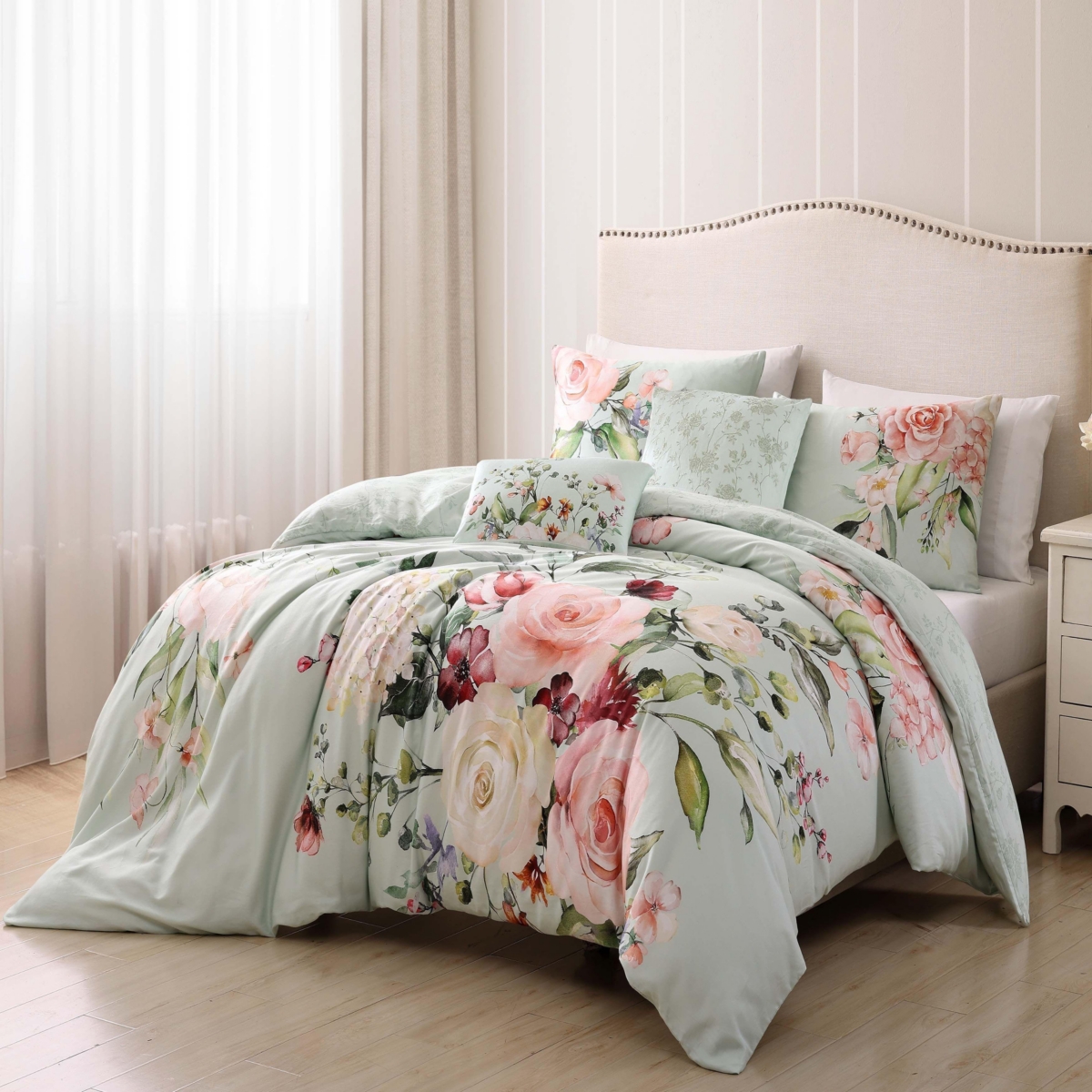 Bebejan Rose on Misty Green Bedding 200 Thread Count 100% Cotton Sateen 5 Piece Reversible King Comforter Set
