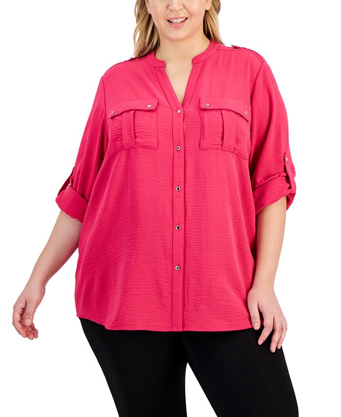 Calvin Klein Women's Textured Roll-Tab Blouse Purple Size Extra Large
