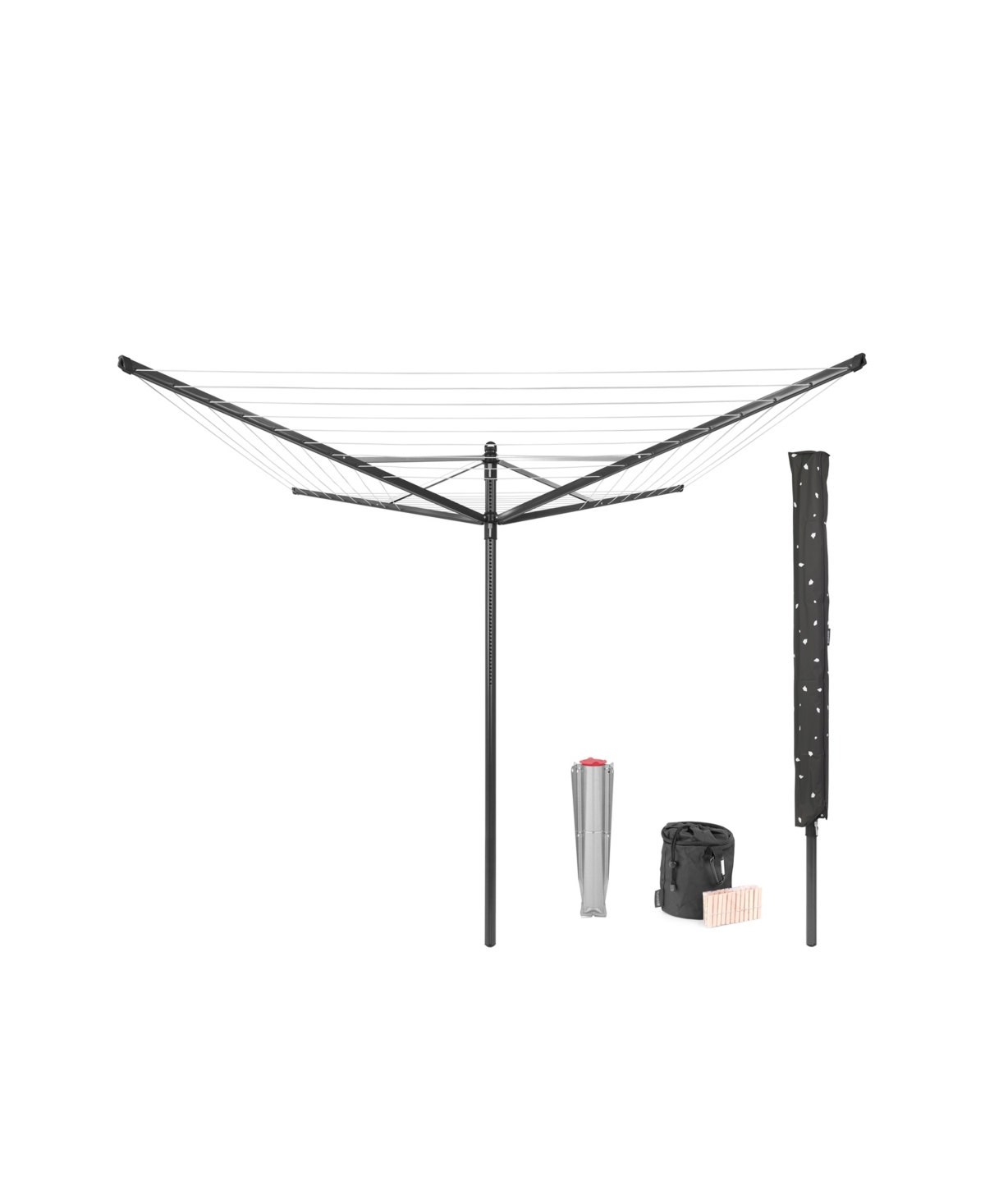 Rotary Lift-o-Matic Clothesline - 164', 50 Meter with Metal Ground Spike, Protective Cover, Peg Bag and Wooden Clothespins Set - Anthracite