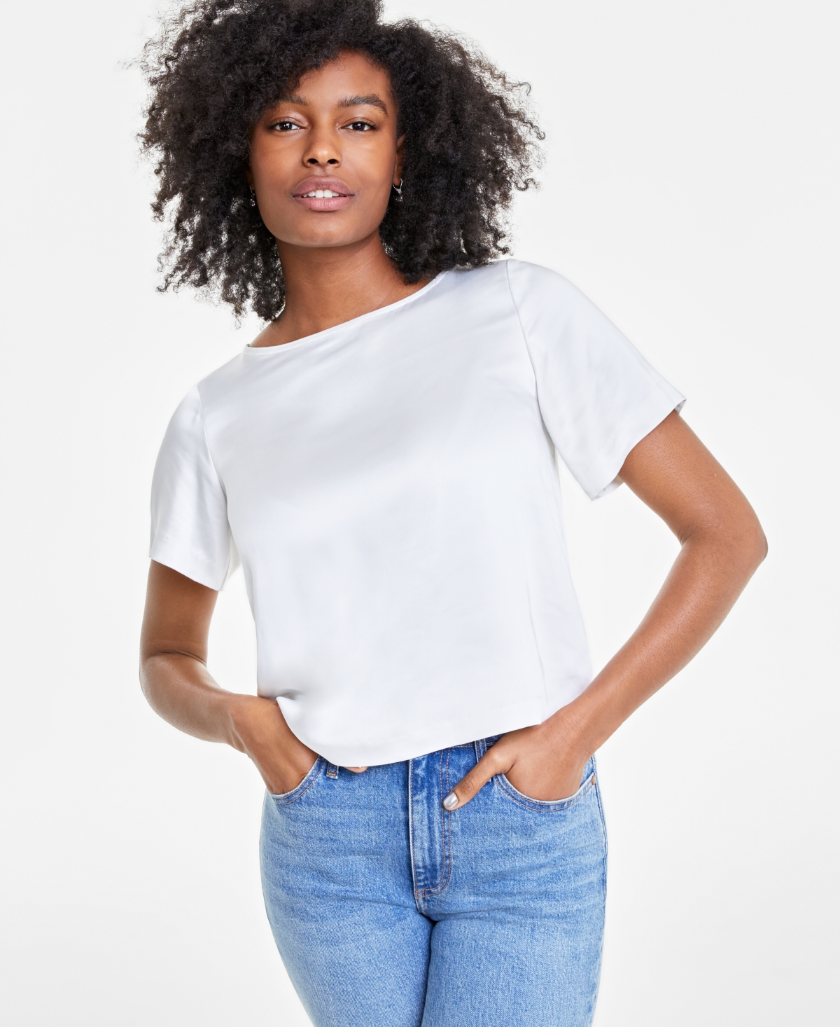 On 34th Women's Satin Bow-back Crewneck Top, Created For Macy's In Washed White