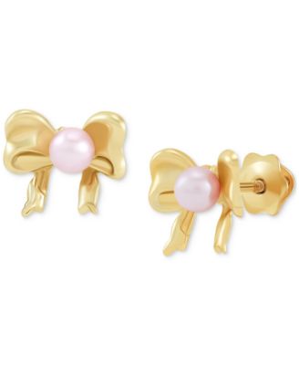 Children's Pink Cultured Freshwater Pearl (3mm) Bow Stud Earrings in 14k Gold