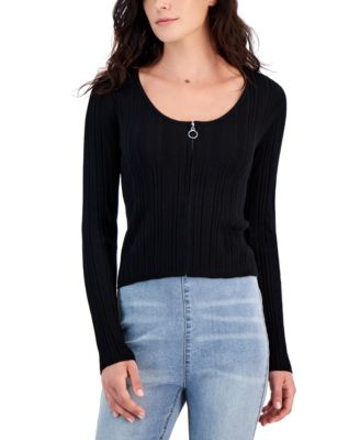 Hippie Rose - Juniors' Ribbed Zip-Front Scoop-Neck Sweater