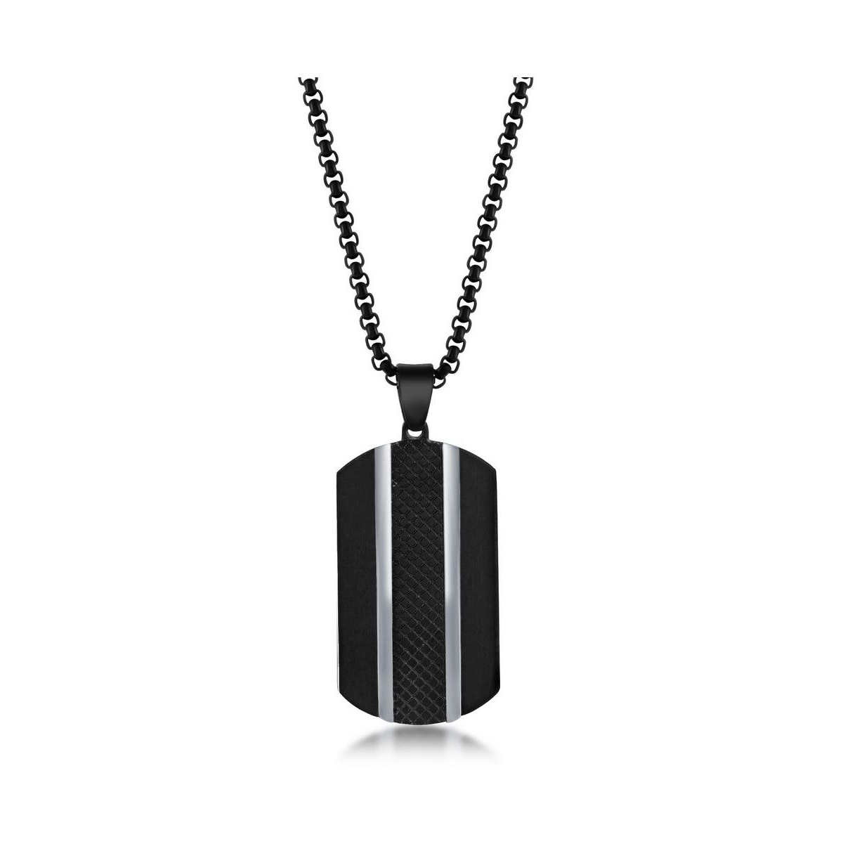 Mens Stainless Steel Black Plated Silver Lined Dog Tag Necklace - Black