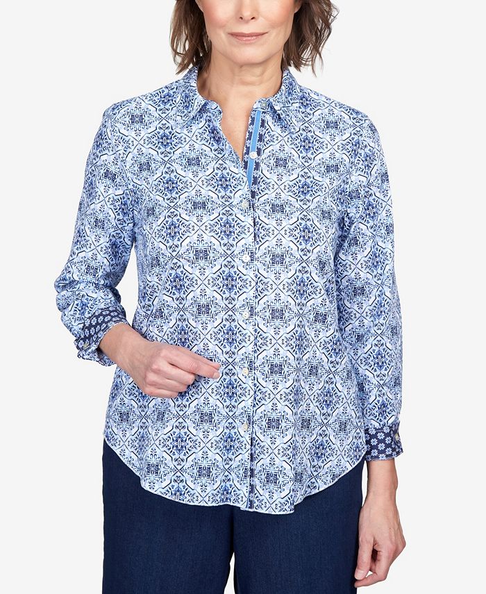Alfred Dunner Petite Moody Blues Medallion Ribbon Trim Button Down Top ...