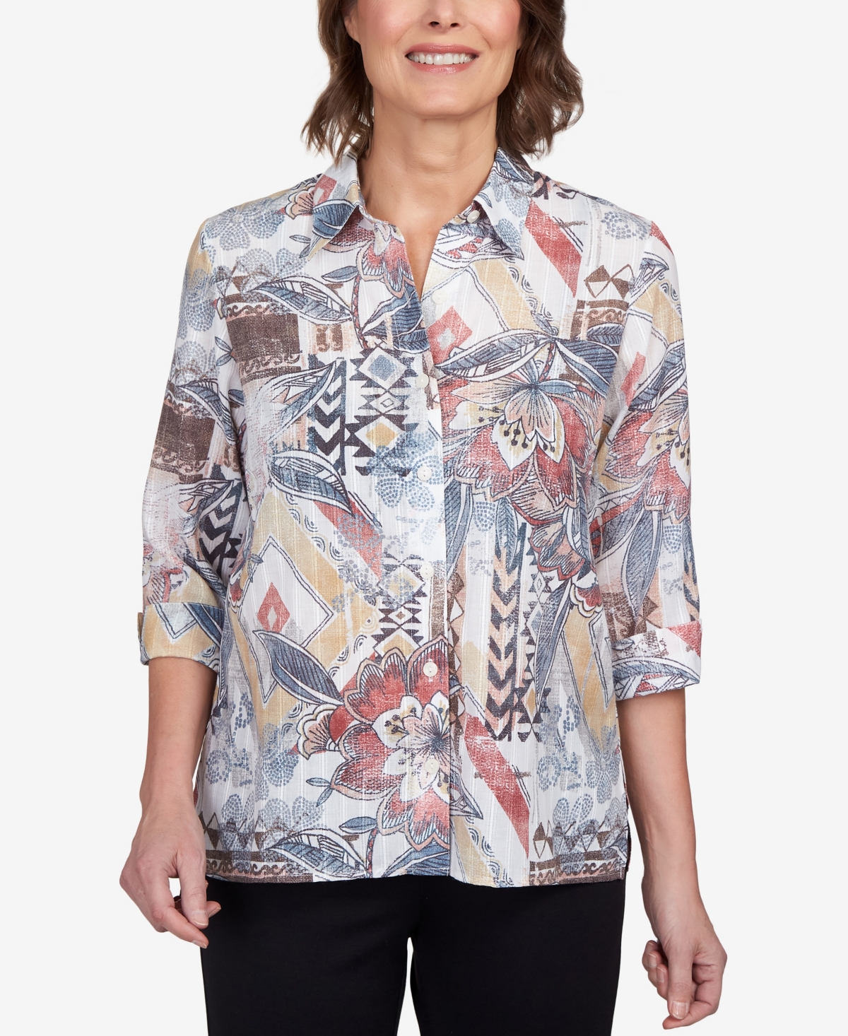 Shop Alfred Dunner Petite Classics Eclectic Mixed Print Floral Button Down Top In Tan Neutral