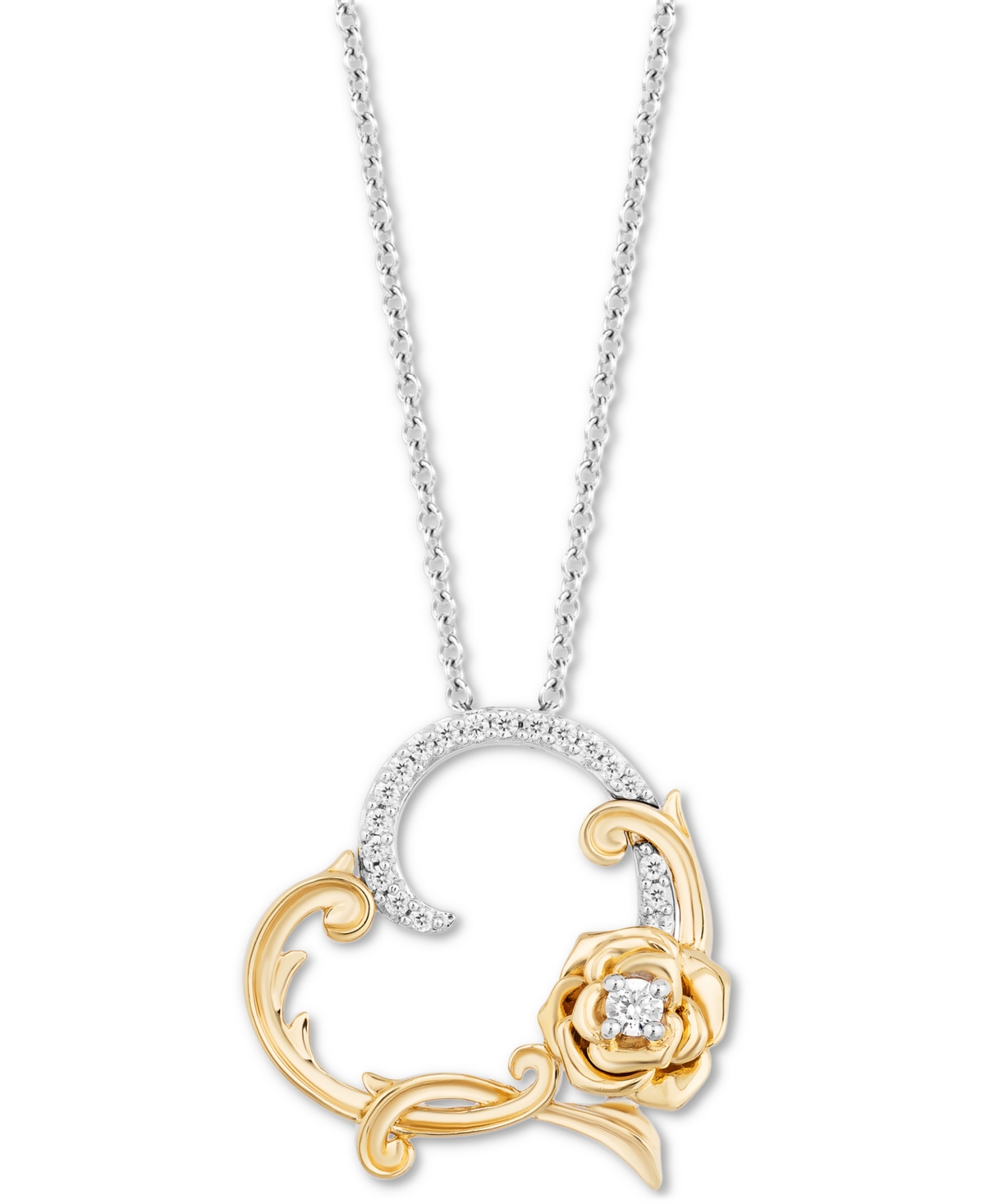 Diamond Rose & Heart Belle Pendant Necklace (1/10 ct. t.w.) in Sterling Silver & 14k Gold, 16" + 2" extender - Two-Tone