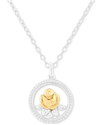 Enchanted Disney Fine Jewelry - Diamond Belle Rose Circle Pendant Necklace (1/6 ct. t.w.)  in Sterling Silver & 14k Gold-Plate, 16" + 2" extender