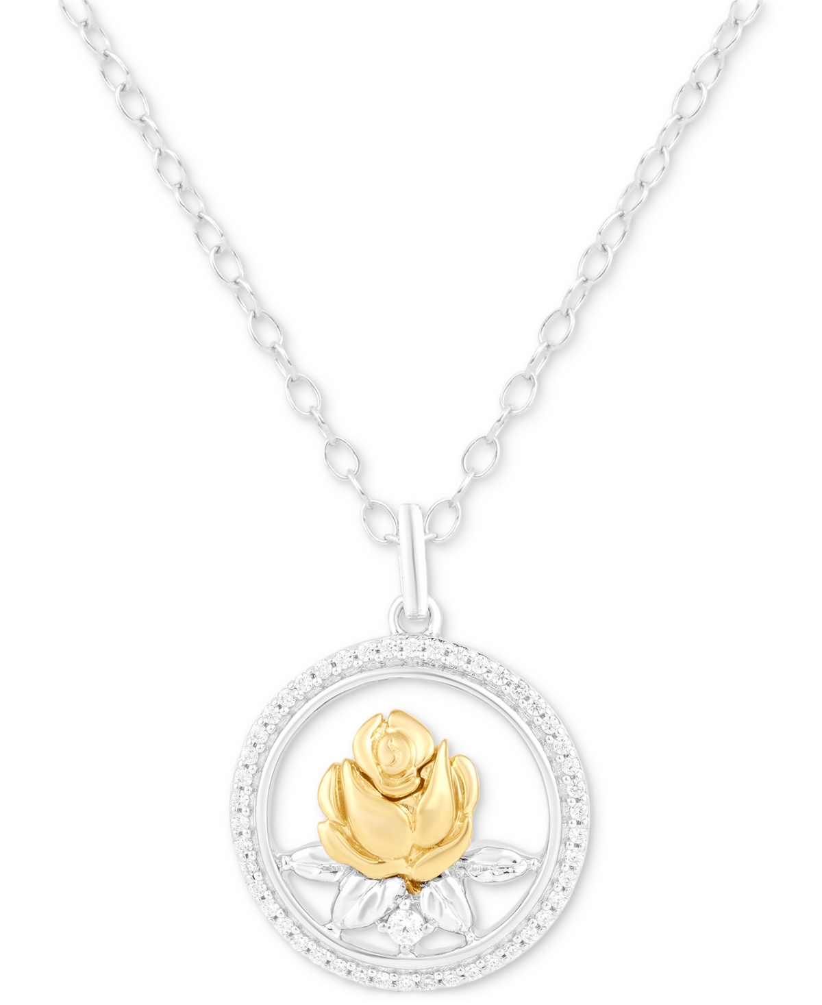 Diamond Belle Rose Circle Pendant Necklace (1/6 ct. t.w.) in Sterling Silver & 14k Gold-Plate, 16" + 2" extender - Two-T