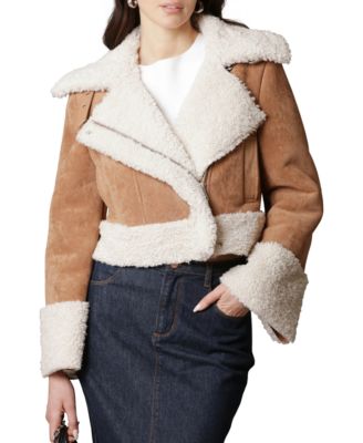 Avec Les Filles - Women's Faux-Shearling Cropped Moto Jacket