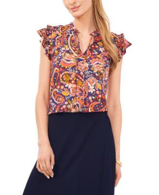 Vince Camuto - Women's Printed Split-Neck Flutter-Sleeve Blouse