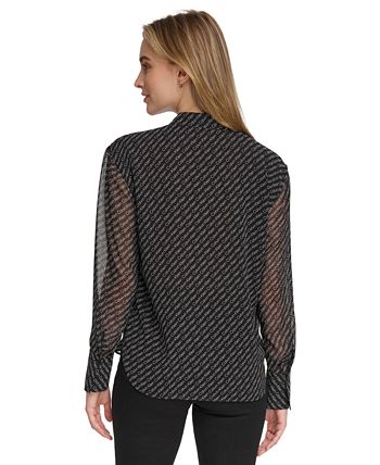 Calvin Klein Women's Chiffon Sleeve Logo Print V-Neck Blouse - Macy's