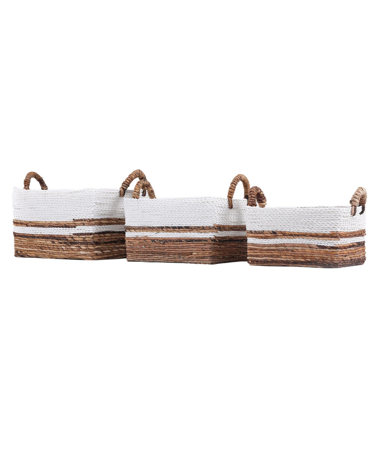 3 Piece Rectangular Dark Banana and Raffia Rope Storage Basket Set with Ear Handles - Natural and White