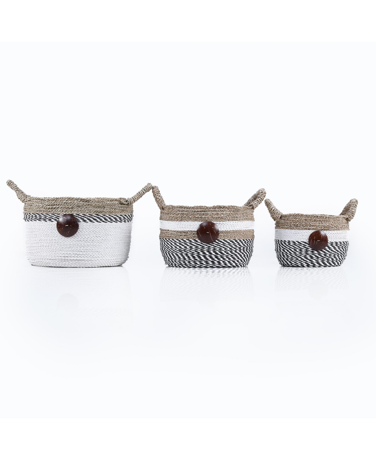 3 Piece Raffia and Sea Grass Storage Set with Coco Buttons and Ear Handles - Natural