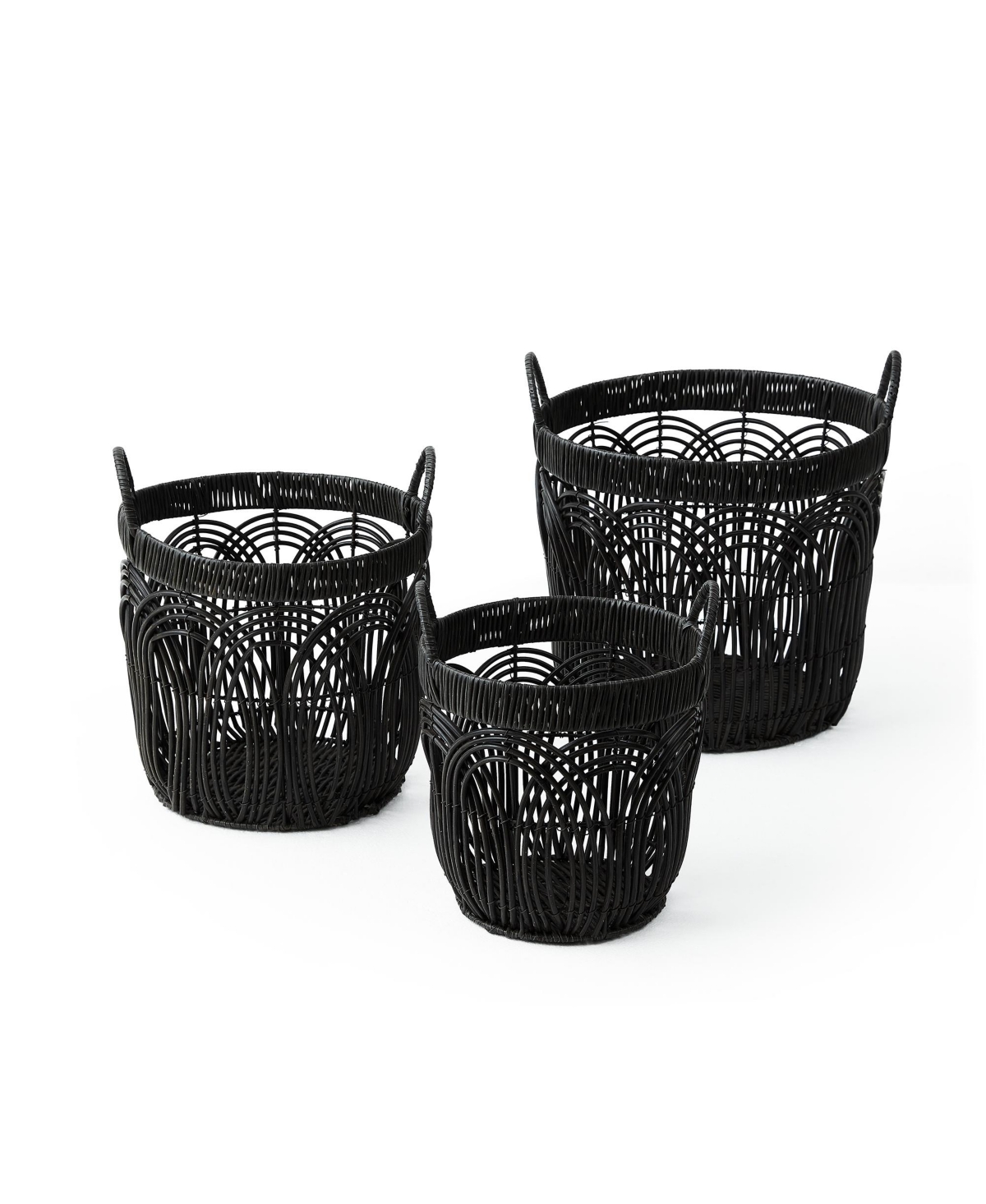 3 Piece Round Faux Wicker Weave Set with Ear Handles - Black
