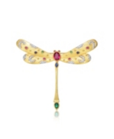 Rachel Glauber Rhodium and 14K Gold Plated Ruby Genuine Stone Floral Pin - Gold